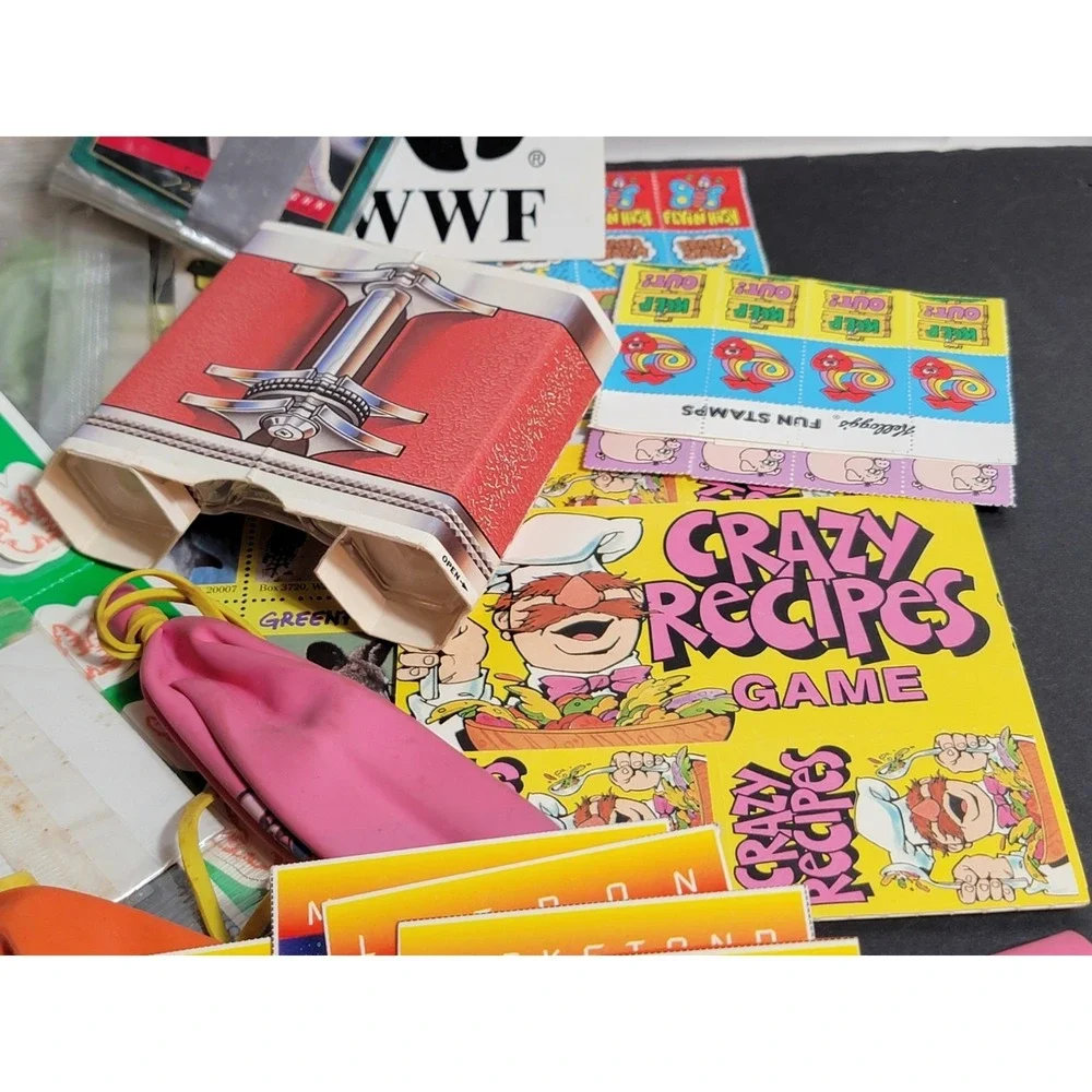 Mixed Lot Of 90's Cereal Box Prizes, Toys, Stickers, Cards Games Kelloggs